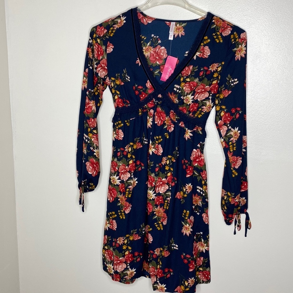 NWT Xhilaration Floral Print Navy Wrap Dress With Tie And Stretchβ Waist Size XS